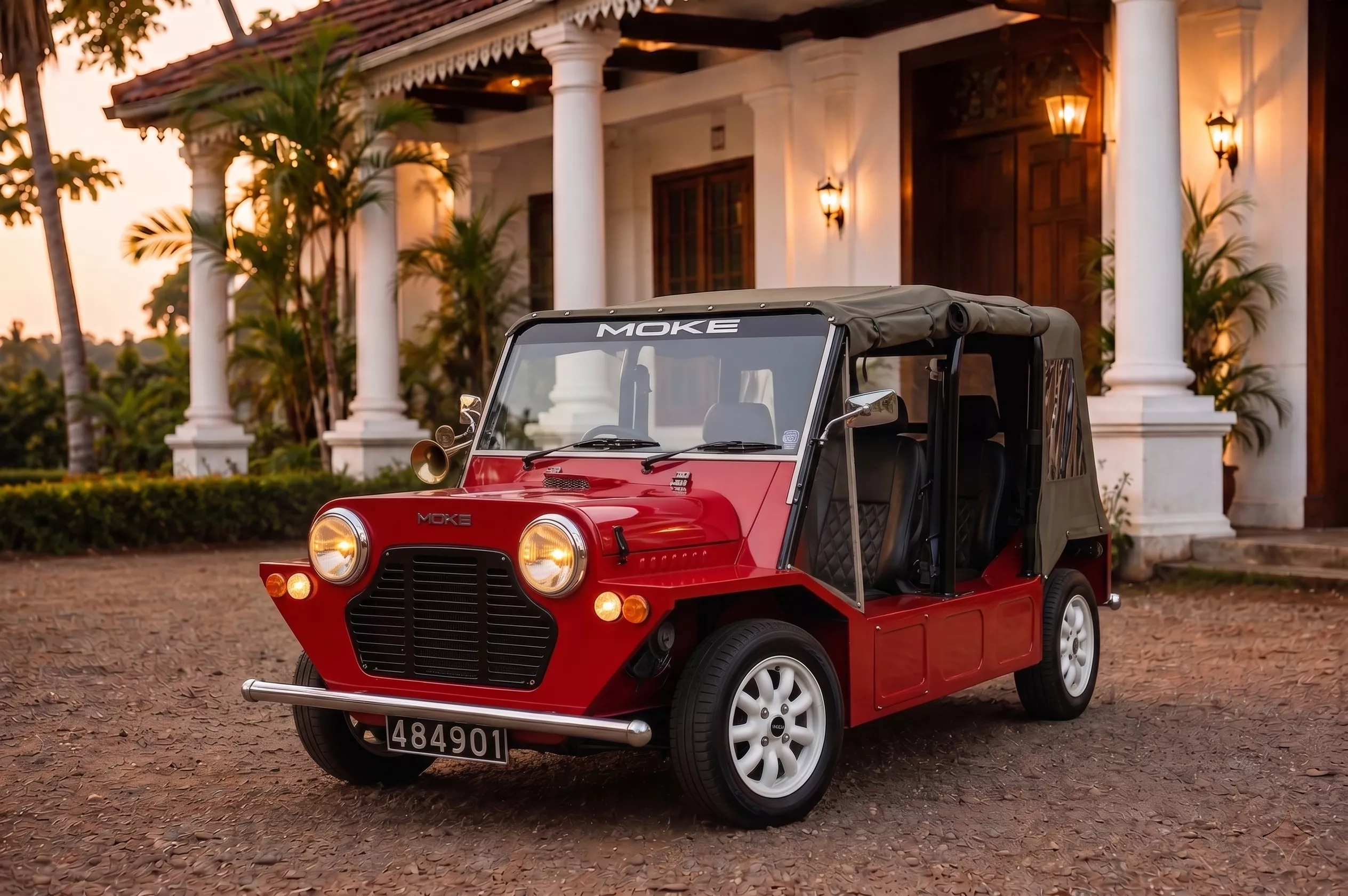 1980s Mini Moke open-air beach cruiser rental in Weligama, Sri Lanka